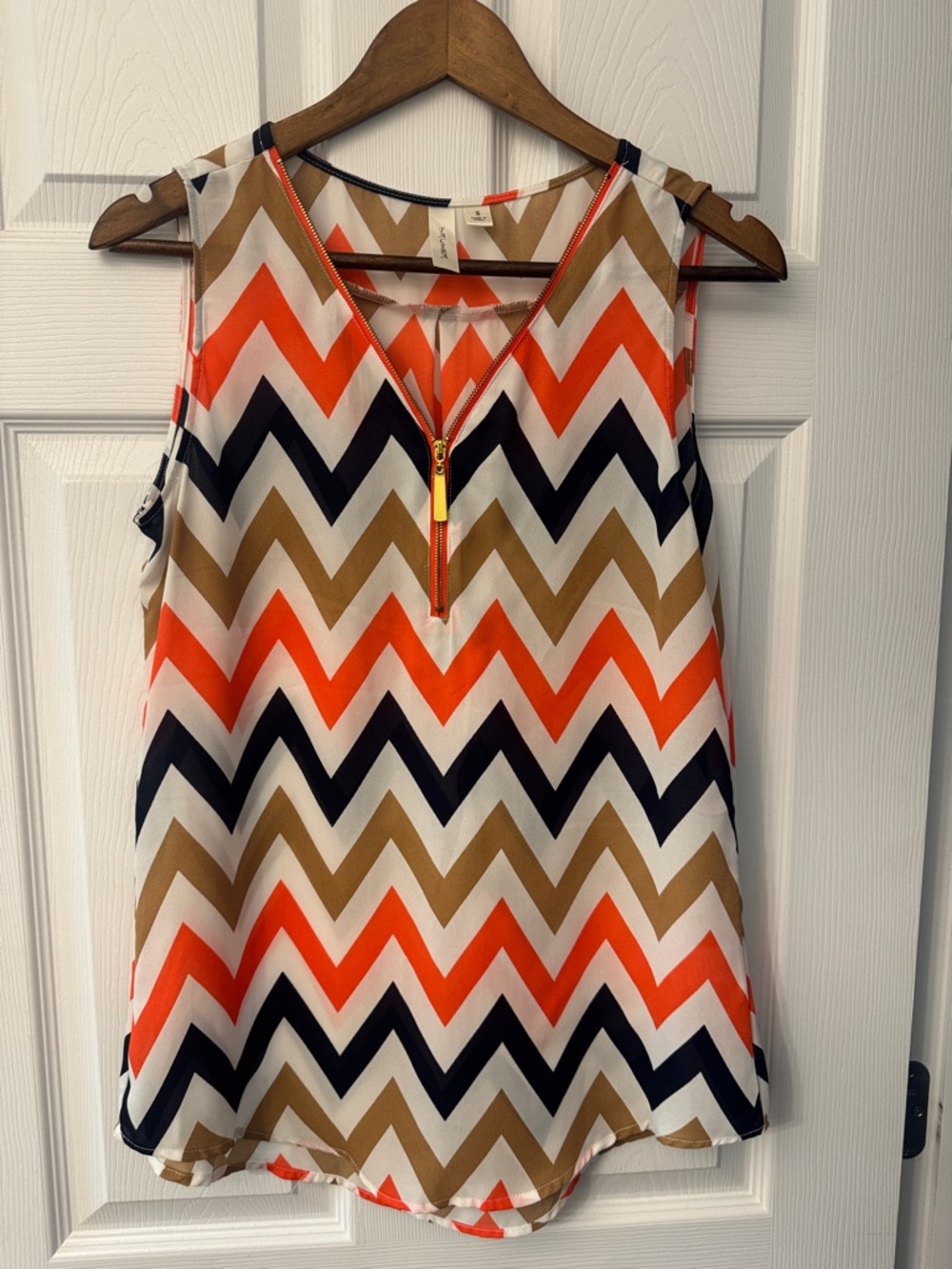 Tacera Chevron Zip-Front Sleeveless Top in Orange, Navy, Tan, White